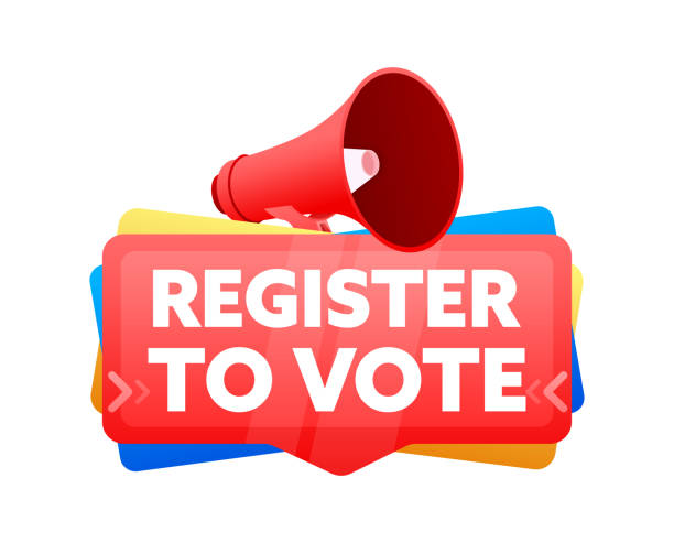 Register to vote. Badge with megaphone banner, label. Marketing and advertising. Vector illustration Register to vote. Badge with megaphone banner, label. Marketing and advertising. Vector illustration. voter registration stock illustrations