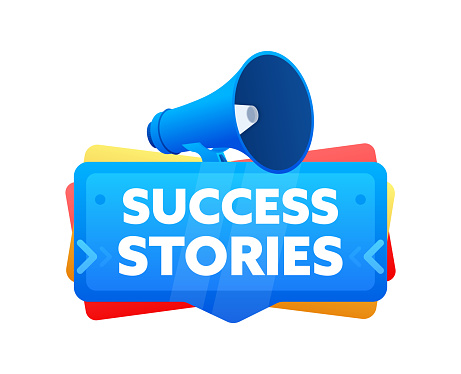 Success stories. Badge with megaphone banner, label. Marketing and advertising. Vector illustration.