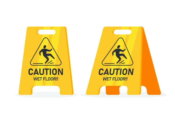 Vector illustration of Caution wet floor, floor sign. Public warning yellow symbol. Slippery surface beware plastic board. Vector illustration