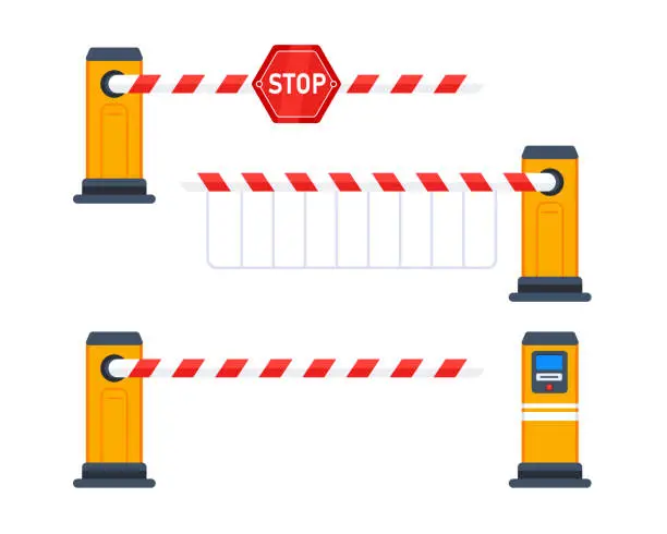 Vector illustration of Closed car barriers with stop sign. Automatic parking gate barrier. Vector illustration