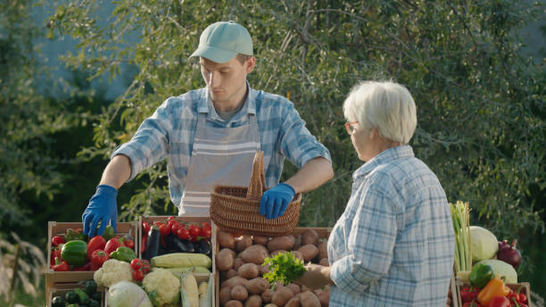 籠を手にした年配の女性がファーマーズマーケットで野菜を買う - market european culture caucasian stock market ストックフォトと画像