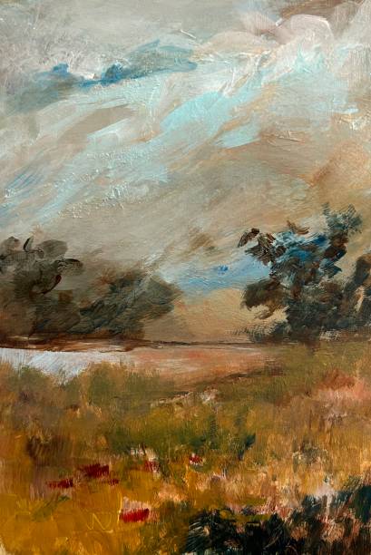 Landscape with trees and pond and foreground flowers. Original painting showing trees, pond, sky and foreground flowers with texture. oil painting stock illustrations