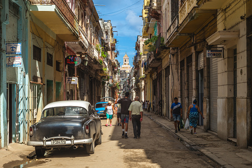 October 29, 2019: street scene of old havana in cuba. Old Havana is listed as a UNESCO World Heritage Site, was founded by the Spanish November 16th, 1519 in the natural harbor of the Bay of Havana.