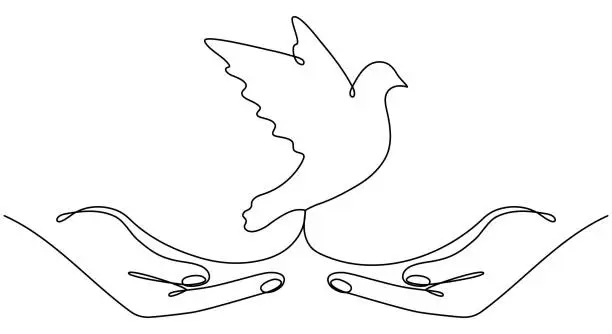 Vector illustration of Flying dove in human hands continuous line drawing.