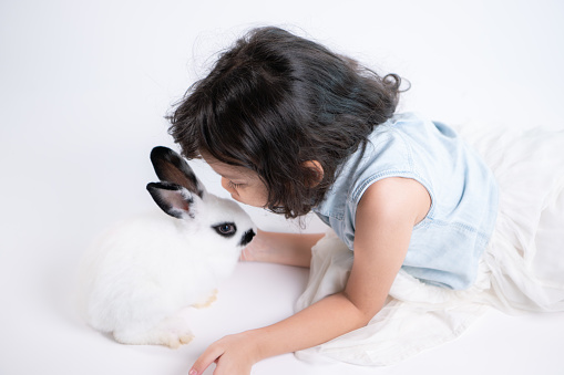 A little girl kisses her beloved fluffy rabbit, The beauty of friendship between humans and animals