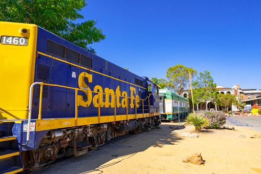Barstow, California, United States - August 31, 2023:  Old train of the Santa Fe Express at the train station of Barstow, California.