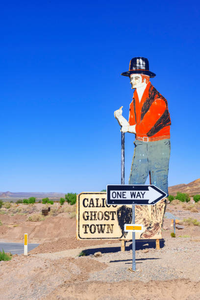 Sign of old miner along the road to Calico Ghost Town in California Barstow, California, United States - August 31, 2023: Sign of old miner along the road to Calico Ghost Town in California. calico ghost town california stock pictures, royalty-free photos & images