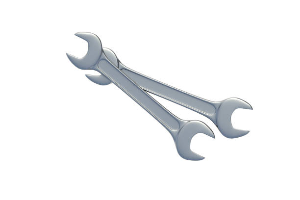 A hand holds an open-end wrench on a white background, ideal for repair concepts