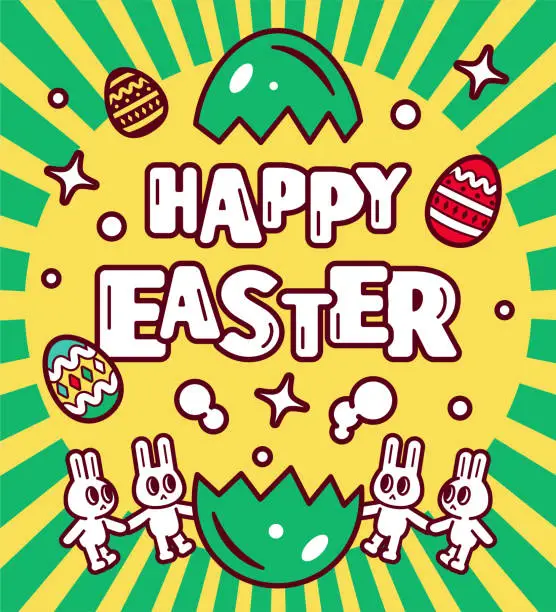 Vector illustration of Happy Easter, Easter Bunnies Holding Hands, Easter Greetings Popped Out of a Cracked Easter Egg