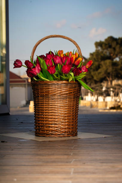 A vibrant mix of red and yellow flowers fills a wicker basket, with plenty of space for copy.