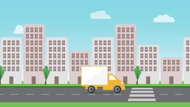 Moving Truck driving in the city street scene loop animation