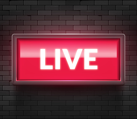 Live light broadcast sign. Tv radio studio live red box on air show icon.