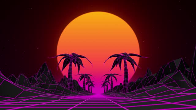 Seamless loop animation of synthwave landscape with pink neon lights, glowing wireframe net, palm trees and shiny red sunset. Retro wave background in futuristic style of the 80s and 90s. 4k , 60 fps