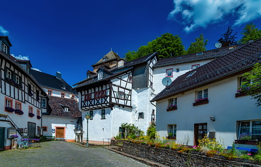 Rhens, Germany – September 9, 2022: Market square and historic town hall of the village in the Upper Middle Rhine Valley.