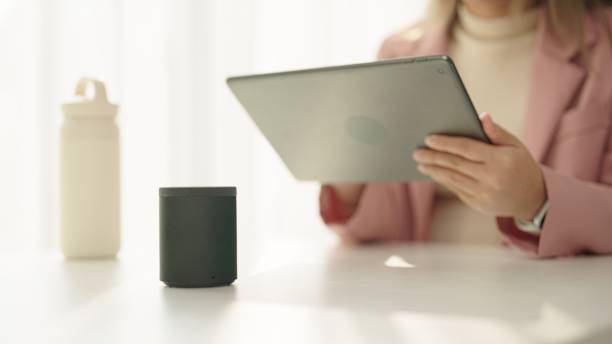 istock Young businesswoman using digital tablet connecting to smart speaker. 2043070482