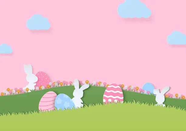 Vector illustration of Easter eggs and rabbits in meadow background