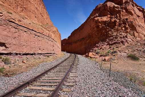 Railway track going through canyon in Moab area