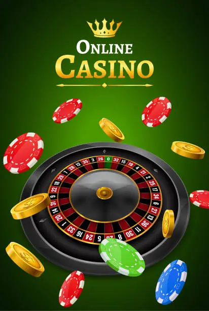 Vector illustration of Casino roulette with chips, coins and red dice realistic gambling poster banner. Casino vegas fortune roulette wheel design flyer