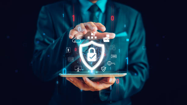 istock Cyber security privacy concept to protect data information. Lock icon and internet network secure technology. Businessman show person data info protection on smartphone, virtual screen network tech 2043088972
