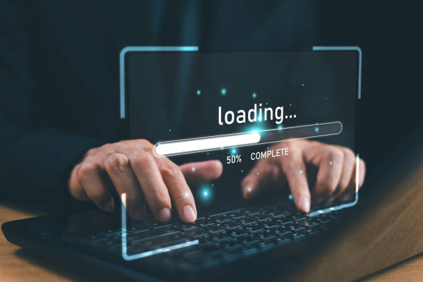 Internet loading speed performance on computer laptop screen. High speed web connection. Fast internet connection technology concept. Programmer people work with internet download speed measurement rendimiento de la velocidad de carga de internet en la pantalla de la computadora portátil. conexión web de alta velocidad. concepto de tecnología de conexión rápida a internet. programadores trabajan con la medición de la velocidad de descarga de in
