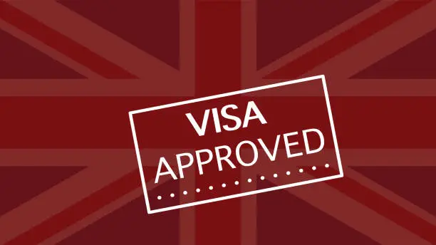 Vector illustration of Uk Visa Approved background with flag and typography stamp on it, visa approval concept design