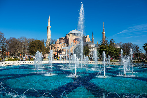 Istanbul, Turkey – February 09, 2024: An iconic fountain with cascading water, a mosque in Istanbul, Turkey