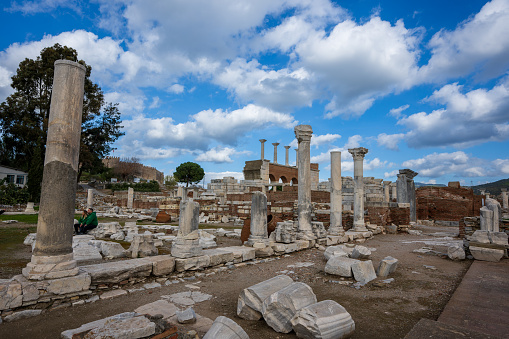 Izmir, Turkey – February 07, 2024: A grouping of white stone pillars arranged in a row in Izmir, Turkey