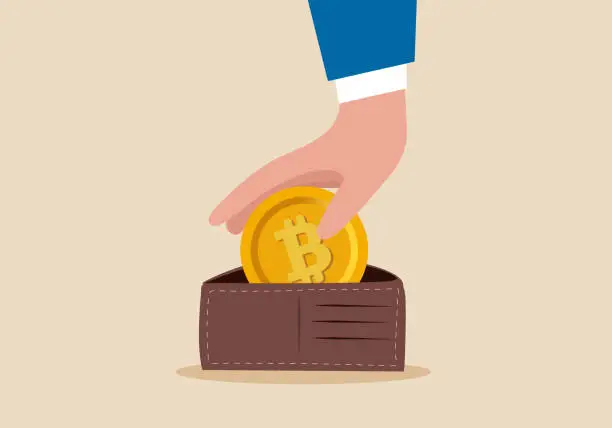 Vector illustration of Businessman saving bitcoin at the wallet