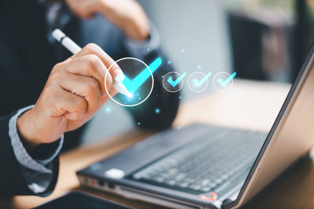 istock Business man check quality rules of conduct marketing. Document checklist technology concept. Business policies company articles of association,Terms and Conditions, checkmark on a business test icon 2043110805