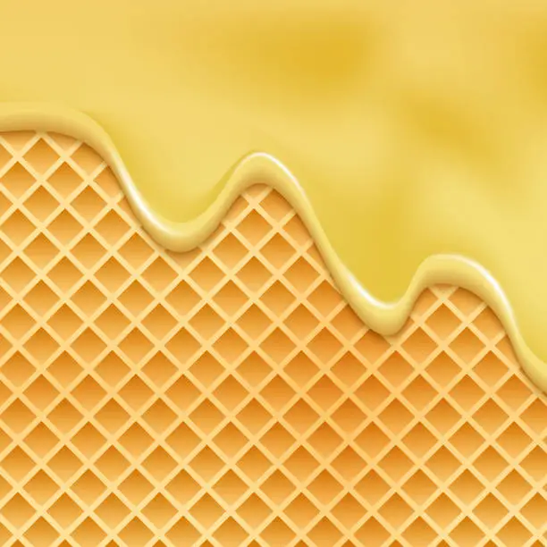 Vector illustration of Drip honey waffle caramel background. Melt honey pattern syrup cream wafer