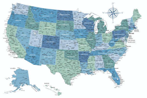 illustrations, cliparts, dessins animés et icônes de états-unis - carte vectorielle très détaillée des états-unis. idéalement pour les affiches imprimées. bleu, vert, blanc, couleurs - map eastern usa new york city boston