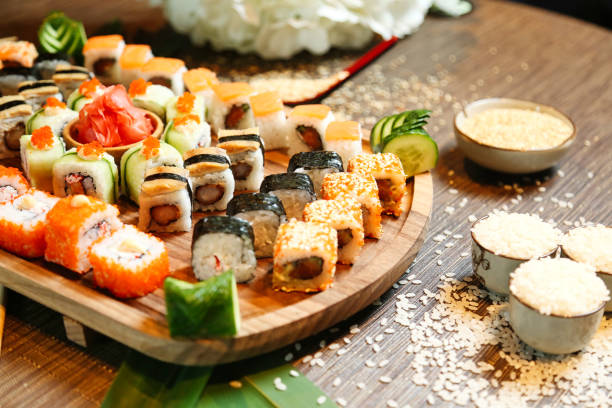 Assorted Sushi on a Wooden Platter