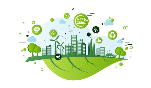 net zero and carbon neutral concept. net zero greenhouse gas emissions target. climate neutral long term strategy with green net zero icons. environment web banner with green city vector template. - footprint carbon environment city点のイラスト素材／クリップアート素材／マンガ素材／アイコン素材