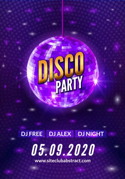 Vector illustration of Disco dance party background flyer poster. Vector party template design. Light disco ball music