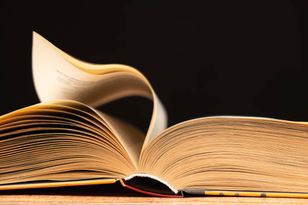 istock Pages of a thick book are turned on a black background, space for text. 2043140034