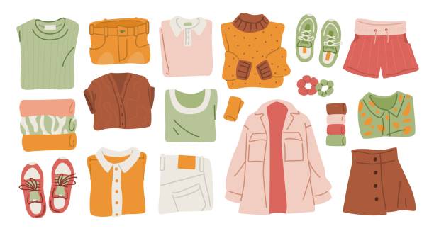 Colorful Casual Clothing Collection. Colorful Casual Clothing Collection. Assorted women garments on white background. Top view of lying folded apparel. Flat vector illustration. folded sweater stock illustrations
