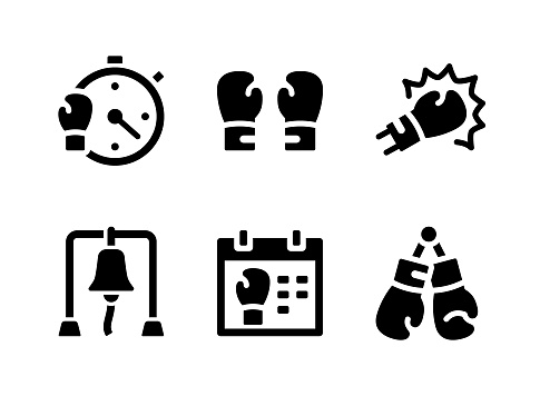 Simple Set of Boxing Related Vector Solid Icons. Contains Icons as Timer, Hand Glove, Punch and more.