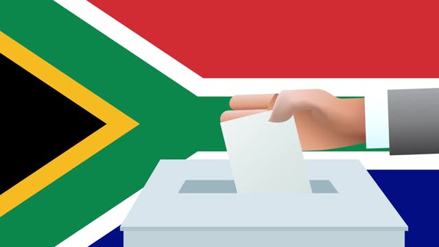 Man putting ballot in a box during elections in South Africa in front of flag.