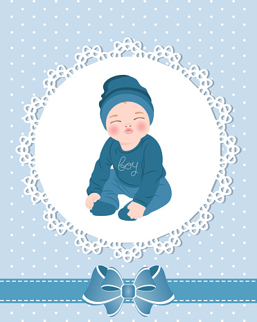Baby card with cute baby boy and lace pattern with bow. Design for newborns. Illustration, greeting card, vector.