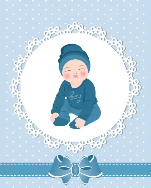 Vector illustration of Baby card with cute baby boy and lace pattern with bow. Design for newborns. Illustration, greeting card