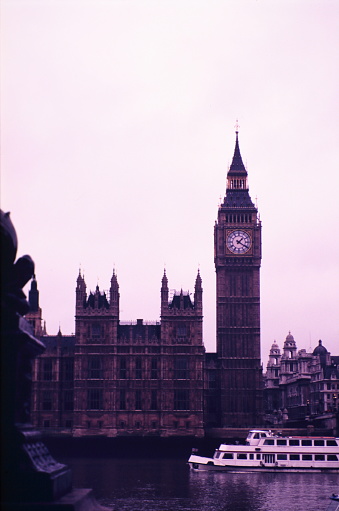 Looking toward the Big Ben and the House of Parliament along the River Thames in London during early 1990s