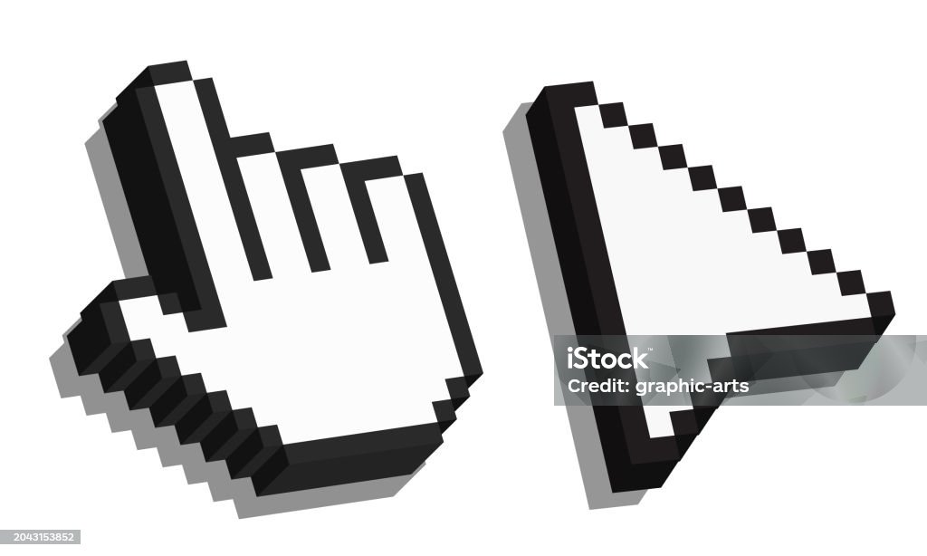 Cursore del mouse Pixel 3d. Cursore a forma di mano e freccia. Cursore del clic del mouse del computer. Clipart vettoriale. - arte vettoriale royalty-free di Mouse Cursore del mouse Pixel 3d. Cursore a forma di mano e freccia. Cursore del clic del mouse del computer. Clipart vettoriale. - arte vettoriale royalty-free di Mouse