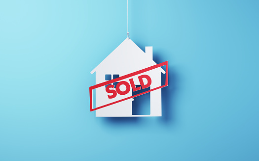 3d render White cut Paper House Icon hanging on a string and sold on red on Blue Soft Background, For Sale, Foreclosure, Buying and Selling, Housing Loan, Mortgage (close-up)