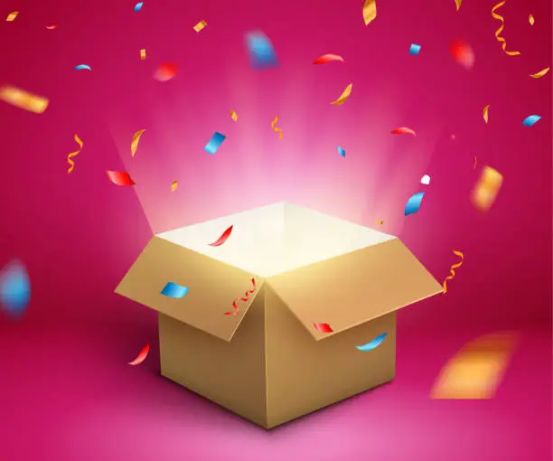 Vector illustration of Gift box confetti explosion. Magic open surprise gift box package decoration