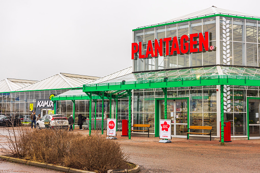 Sweden. Uppsala. 02.27.2024. Close-up view of Plantagen store for garden and backyard.