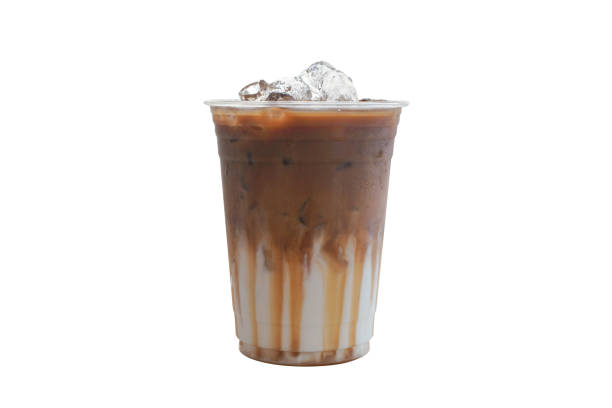 istock Iced caramel latte coffee on plastic glass isolated white background, summer drink concept 2043159141
