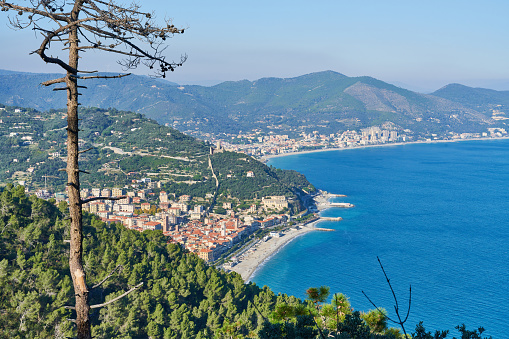 The coastal city of Noli on the Italian Riviera Ligure. Province of Savona. Liguria. Italy.