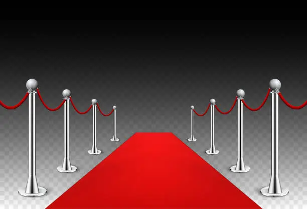 Vector illustration of Red carpet event silver barriers background realistic vector illustration. Red carpet luxury entrance celebrity event presentation