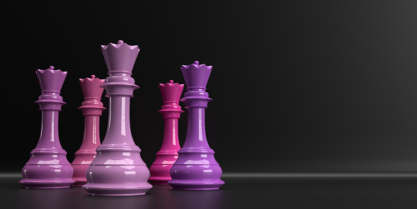 International Women's Day on 8 March for concept of feminism with colourful chess queens on black glossy background with copy space.  3D illustration design female mind power poster