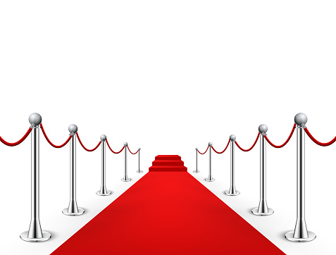 Red carpet event silver barriers background realistic vector illustration. Red carpet luxury entrance celebrity event presentation.